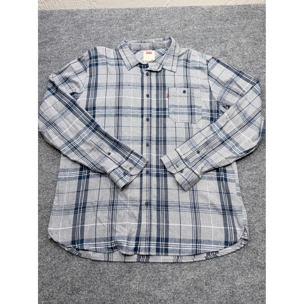 Levis Mens XXL Grey Navy Blue Plaid Long Sleeve Button Down Shirt 3LGLW1341 NEW